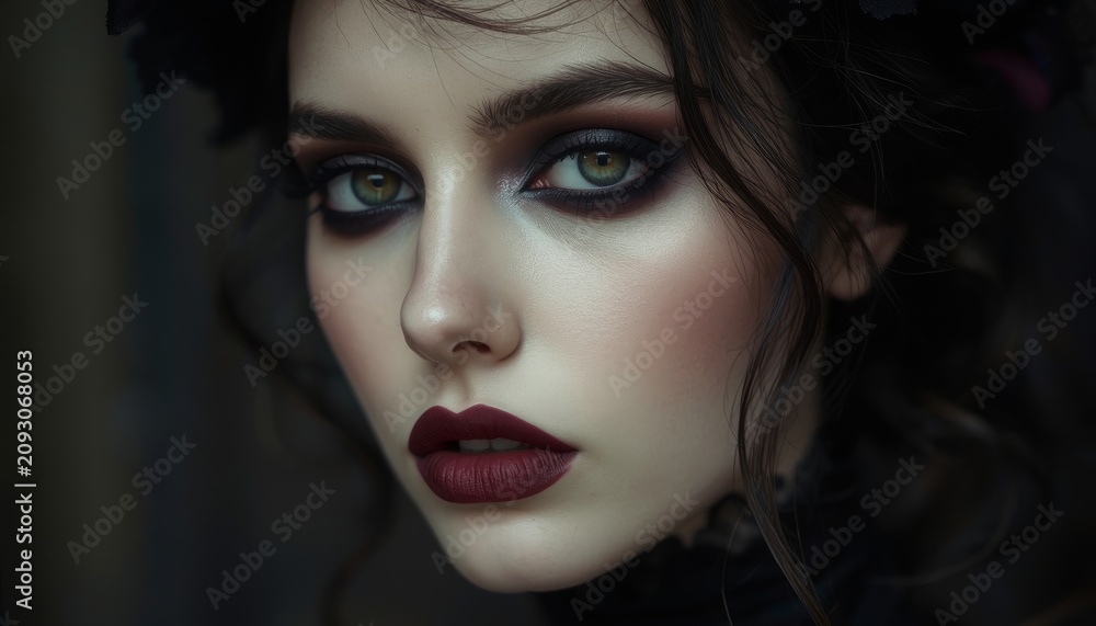 Fototapeta premium Close-up Portrait of a Beautiful Young Woman with Dark Gothic Makeup, Smokey Eyes, and Red Lips