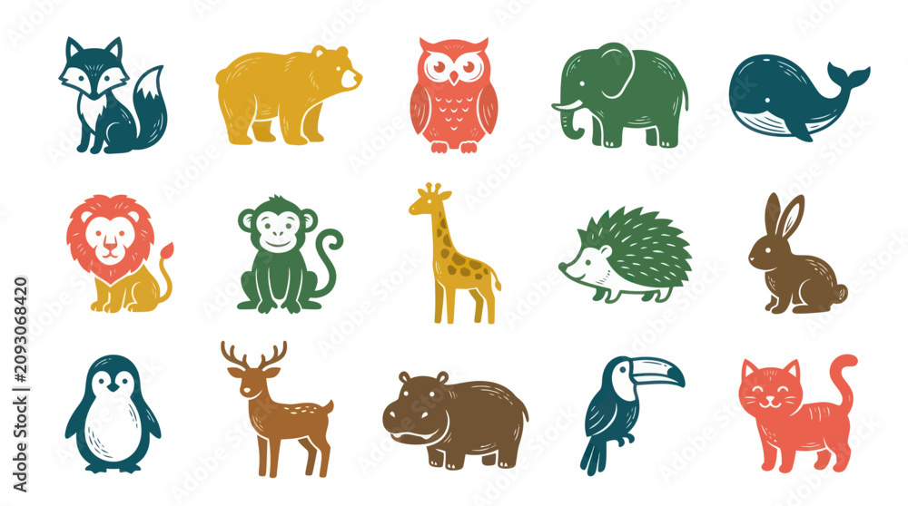 Fototapeta premium Wildlife and Pet Animals Textured Icon Set. Hand-Drawn Minimalist Style for Kids Designs.