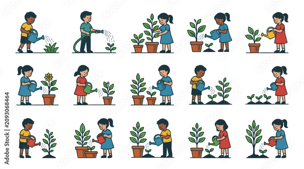 Fototapeta premium Children watering plants, gardening flat illustration, kids caring for nature