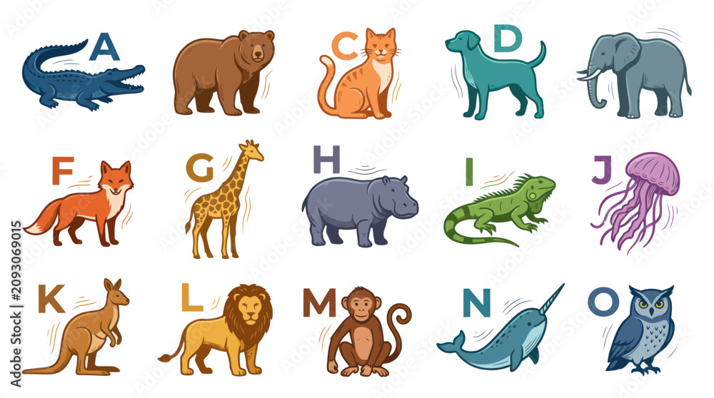 Obraz premium ABC Alphabet Animals Collection for Kids Education, Cute Flat Design