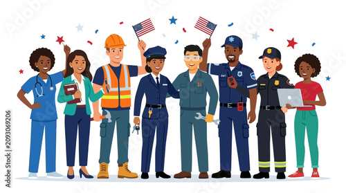 A diverse group of people in various professions celebrate Labor Day with American flags and stars.