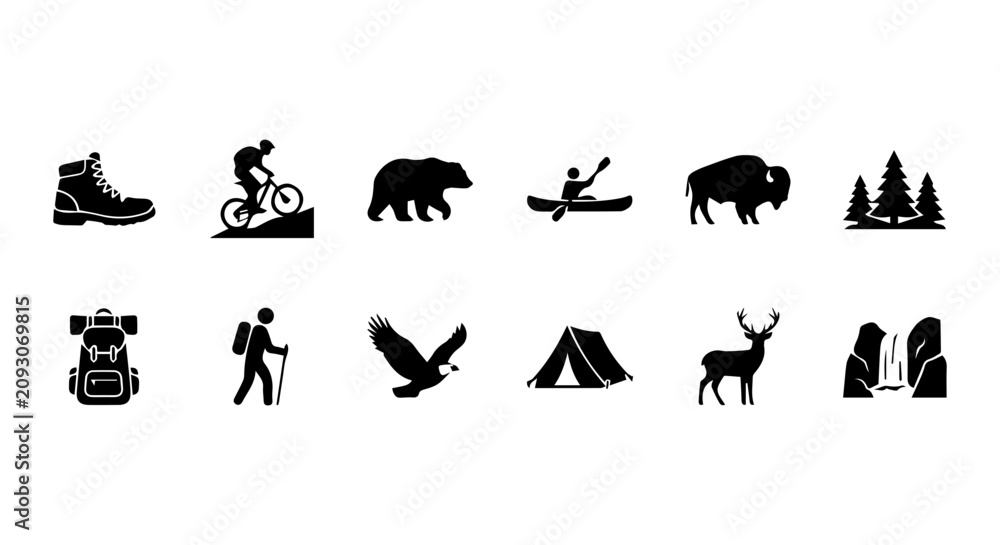 Fototapeta premium Outdoor Adventure Icons Set: Hiking, Camping, Wildlife, and Nature Vector Graphics