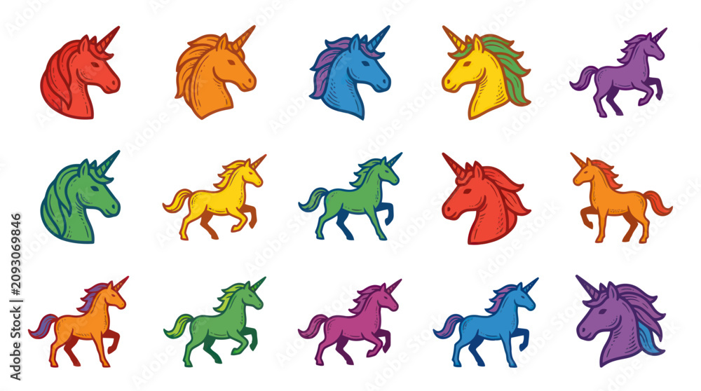 Obraz premium Colorful Unicorns Collection: Flat Illustration Style Stock Asset