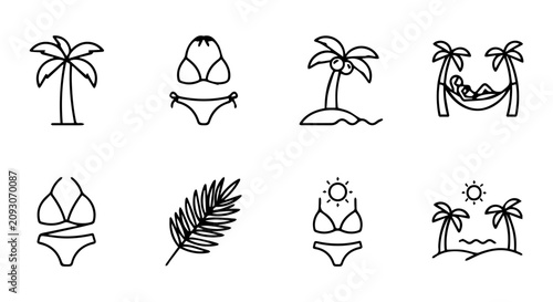 Bilde på lerret Summer Beach Icons, Tropical Vacation Set, Palm Trees, Bikinis, Hammock, Island