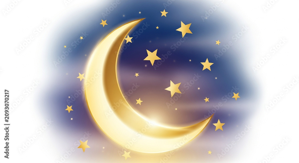 Naklejka premium Golden Crescent Moon and Stars Night Sky Illustration