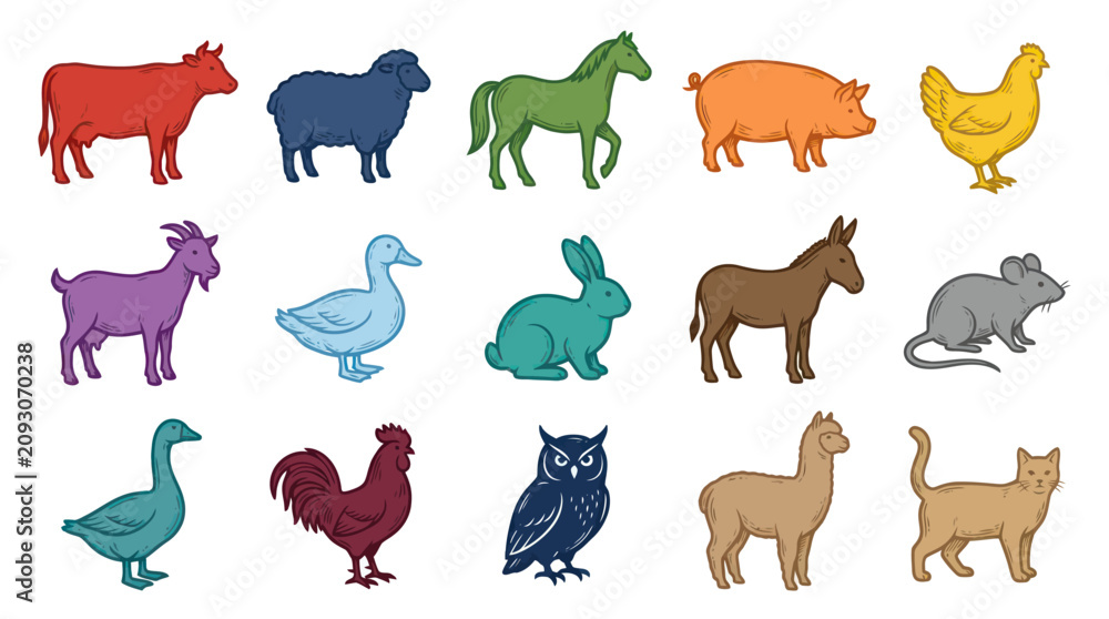 Fototapeta premium Cute Farm and Domestic Animals Vector Set. Hand-drawn Cartoon Style Illustrations of Pets and Livestock