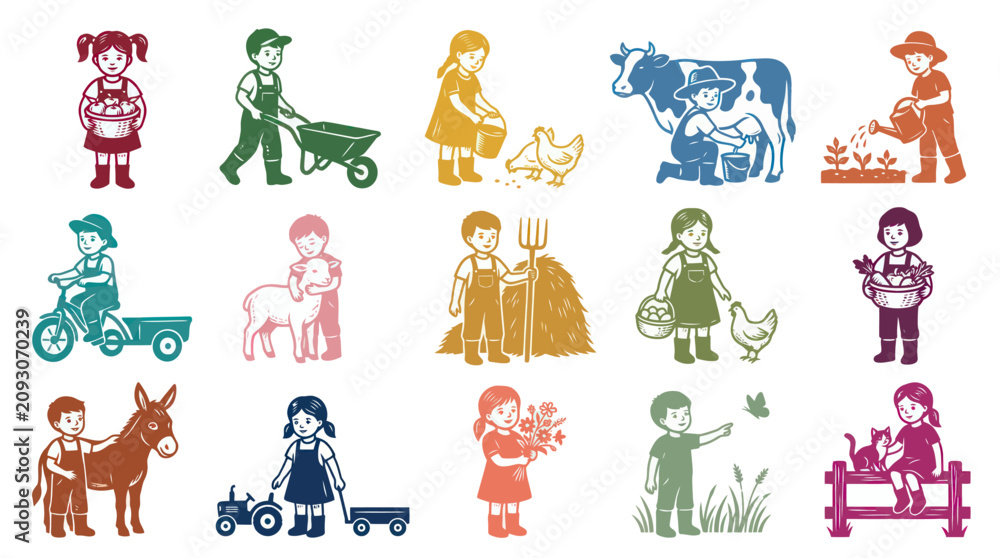 Fototapeta premium Colorful Retro Line Art Vector Illustrations Set of Kids Farming, Rural Life and Farm Animals