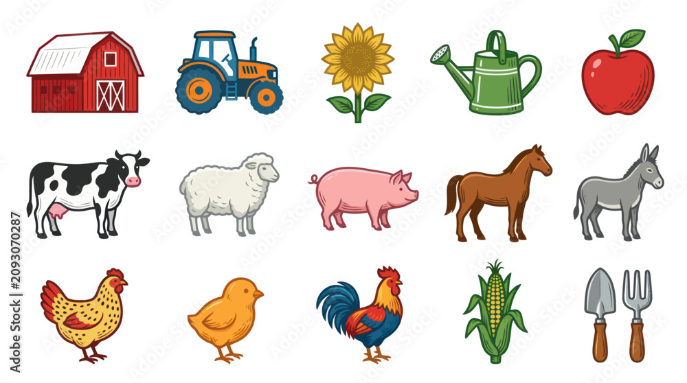Obraz premium Colorful Cartoon Farm Agriculture Icons Collection: Barn, Animals, Plants, Tools Tractor Vector Illustration Set