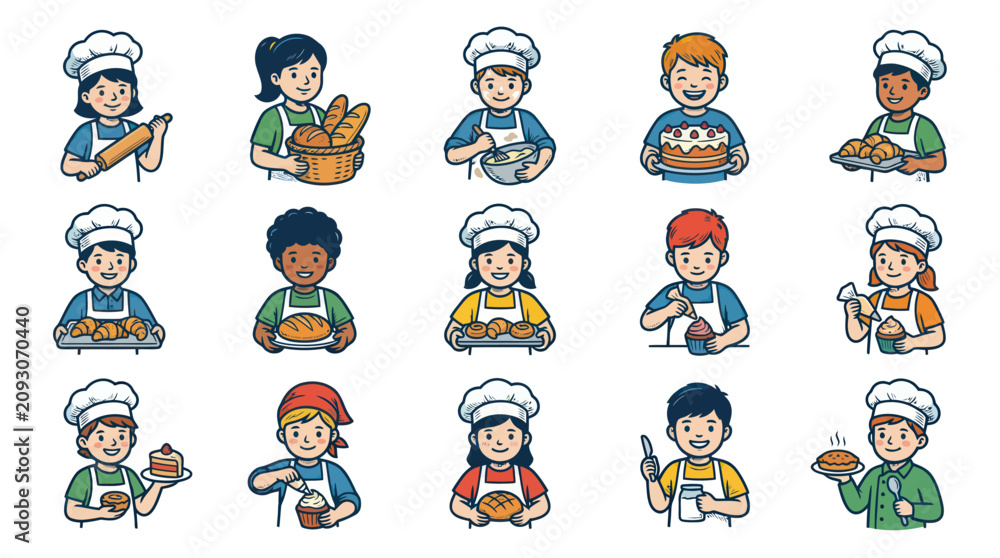 Fototapeta premium Cute cartoon bakers children kids cooking baking pastries, flat vector art