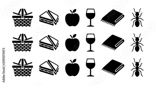 Foto Picnic Icons Set: Basket, Sandwich, Apple, Wine Glass, Blanket, Ant Vector Graph