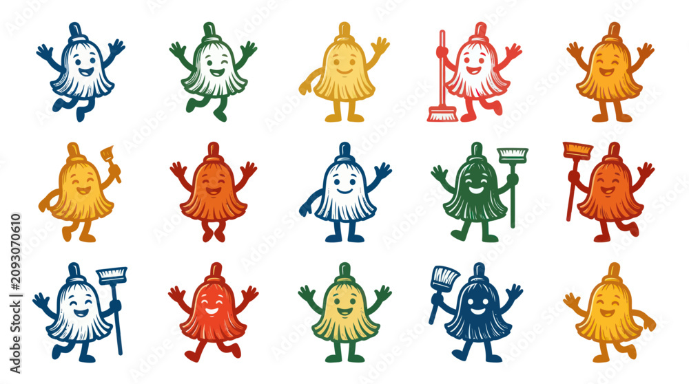 Obraz premium Happy Cleaning Broom Mascot Characters Vector Set