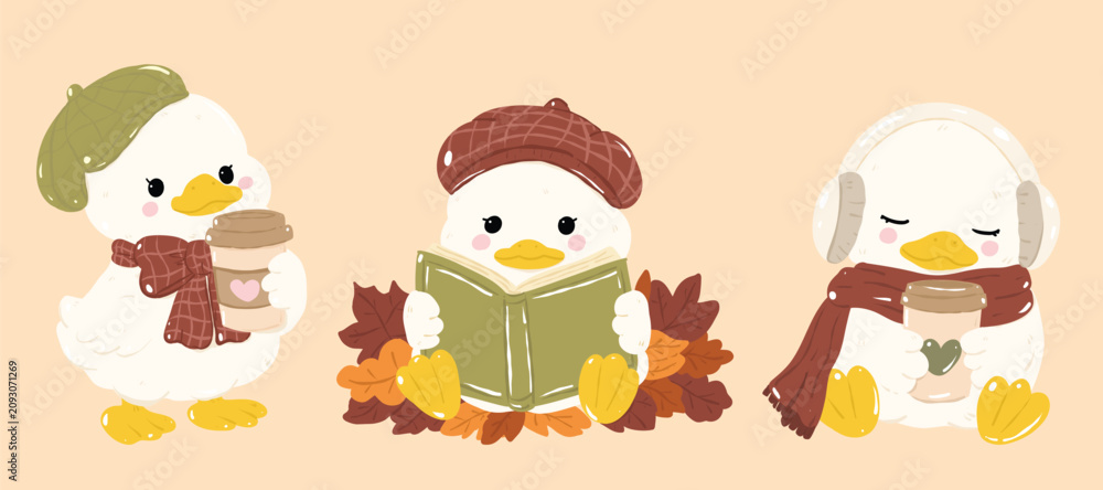 Fototapeta premium cute duck illustration series , depicting autumn theme. The duck on the left wears a hat and scarf, holding a cup of coffee. The middle duck is reading a book surrounded by fallen leaves.