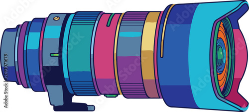 Colorful camera lens, photography equipment, vector illustration, vibrant colors, optical instrument