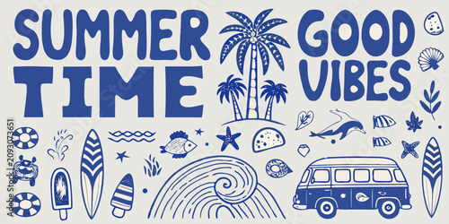 Bild auf Leinwand summer time good vibes vintage illustration with palm trees surfboards and campe