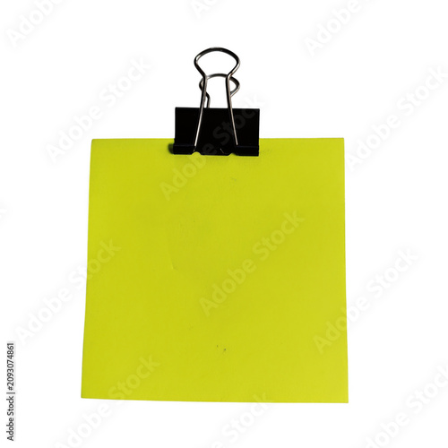 Fotografía Yellow sticky note attached with paper clip isolated on transparent background