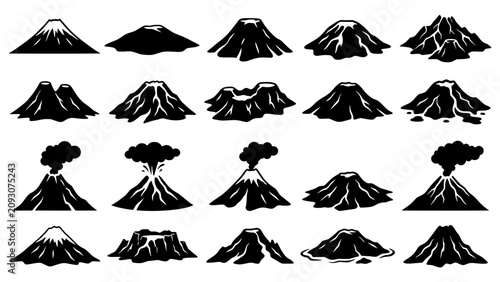 Fotografie Premium Volcano Silhouette Vector Bundle, Black Mountain Volcano Collection, Eru