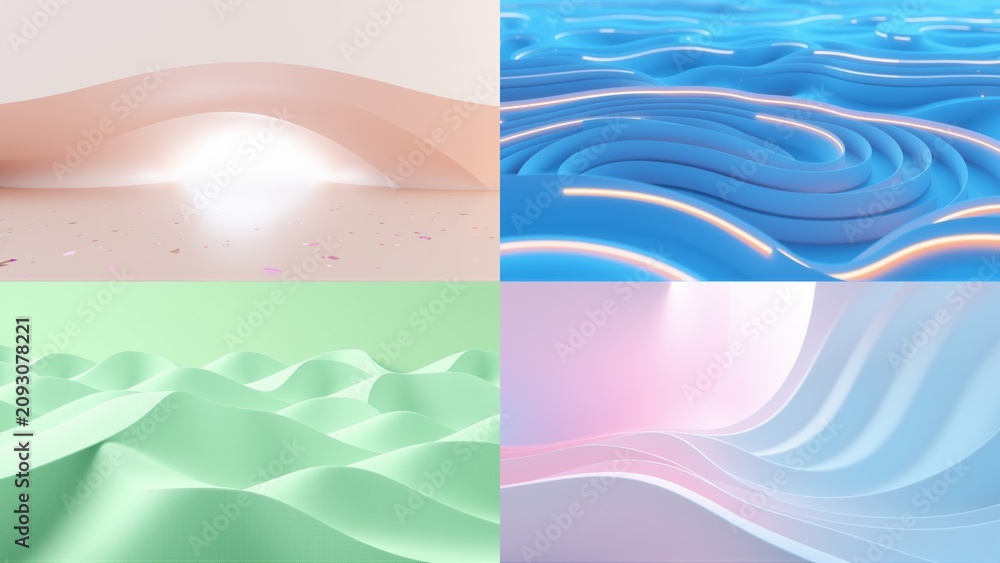 Fototapeta premium Abstract fluid shapes, soft colors, smooth gradients. Minimalist design, modern aesthetic, digital rendering. Light plays across undulating surfaces.