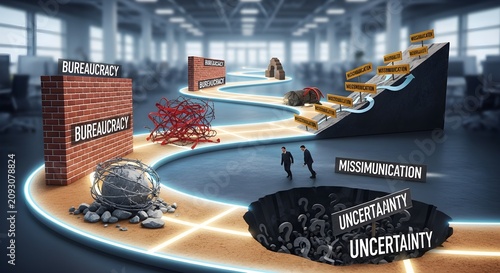Metaphorical path through business challenges: bureaucracy, miscommunication, uncertainty, and obstacles to success