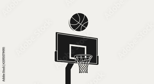 Quadro su tela Black and white illustration of basketball going through hoop with backboard gra