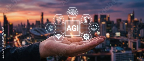 A hand holding a digital interface showcasing artificial general intelligence (agi) icons against a futuristic city skyline at sunset symbolizing technology's potential.