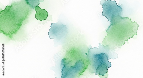 Abstract watercolor painting with soft green and blue paint splashes on white background.