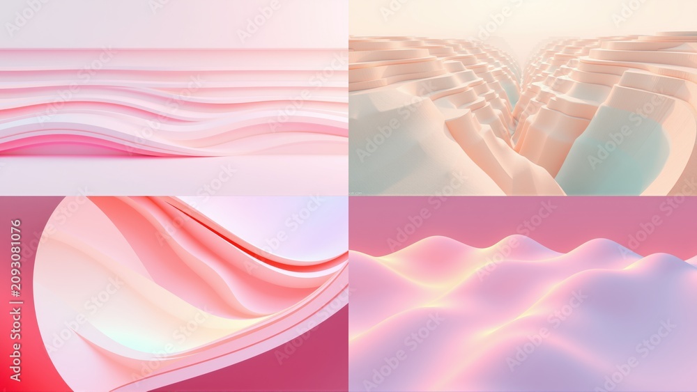 Fototapeta premium Abstract pastel waves, flowing forms, geometric patterns. Soft colors create calming visual experience. Minimalist design.