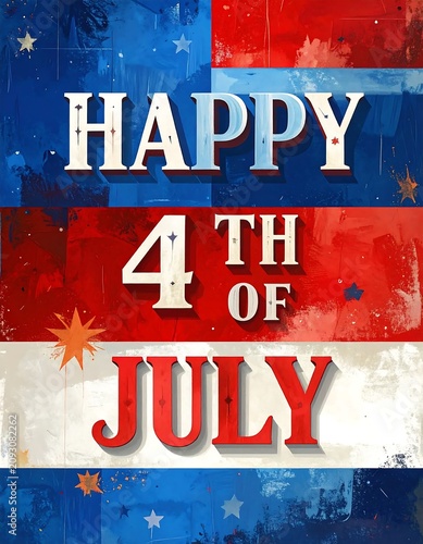 Happy 4th of July celebration graphic with vintage style typography and American flag colors.