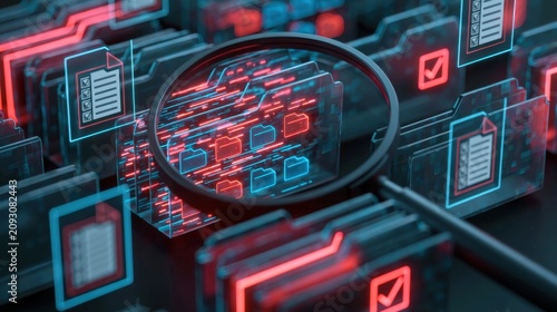Close-up of digital file folder icons under magnifying glass with glowing red and blue futuristic interface representing data analysis and cybersecurity technology concept
