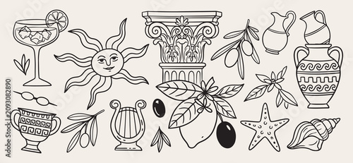 Fotografie Ancient Greece history doodle background, Hellas culture line art pattern, mytho