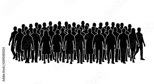 Large crowd of people silhouettes walking forward.