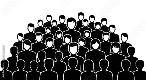 Black and white illustration of a diverse crowd of people.