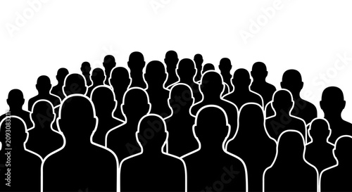 Black silhouette of a large crowd of people on white background.