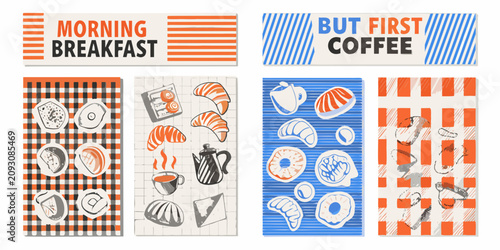 Tableau sur toile retro style breakfast and coffee illustrations on striped backgrounds croissant