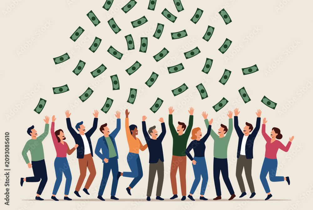 Obraz premium Cheerful group of diverse young people celebrating financial success and prosperity as green banknotes rain down from above.