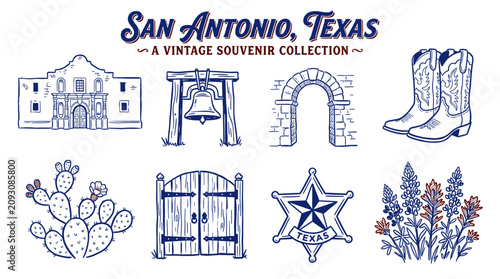 Fotografie Vintage San Antonio Texas souvenir collection set of rustic western hand-drawn icons featuring Alamo for t-shirt design and travel branding