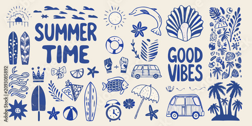 Foto summer time surf and beach elements in retro blue line art dolphin palm tree sur