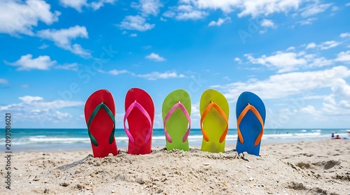 Colorful flip flops lined up on sandy beach. Vibrant summer footwear arranged on white sand near ocean. Vacation essentials for travel and leisure.