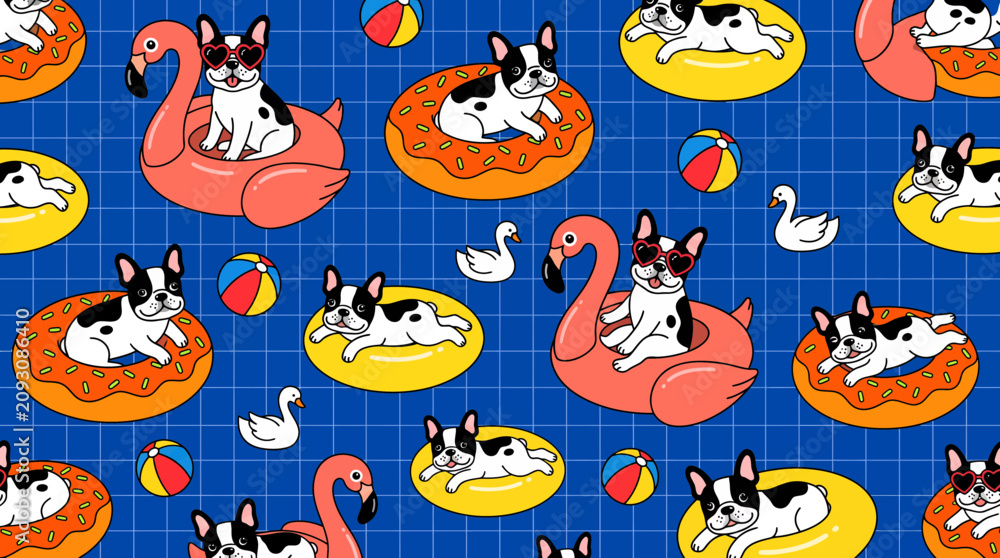 Fototapeta premium Cute cartoon French bulldogs on colorful pool floats with sunglasses over blue grid background pattern, representing summer vacation vibes and illustrating playful pet lifestyle concepts