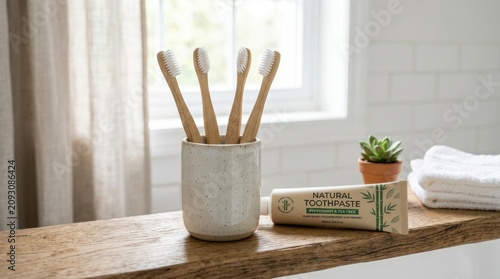 Bamboo toothbrushes and natural toothpaste hygiene routine