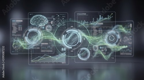 A futuristic digital interface displays neural network data, graphs, and charts, symbolizing advanced AI and brain activity analysis.