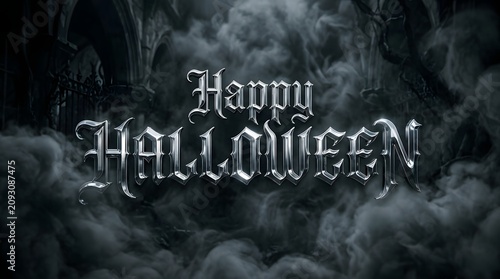 Happy halloween silver metallic text with gothic typography on a dark misty background