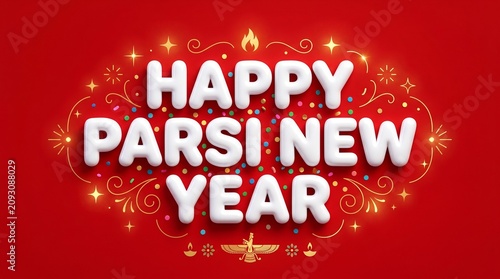Happy Parsi New Year Vector Greeting Card with Faravahar Symbol, White 3D Typography, and Sparkles on Red Background
