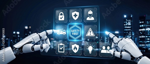 Futuristic robotic hands interacting with a digital safety interface showcasing various safety icons and symbols in a modern urban environment at night.