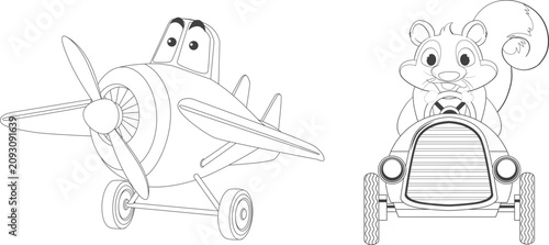 Konstfotografi Cartoon Airplane and Transportation Vector Illustration Set with Plane Car Ship