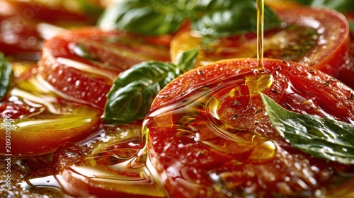 Fresh tomatoes and basil drizzled with olive oil for gourmet cooking