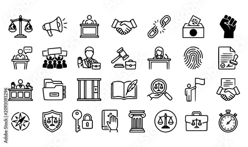 Modern minimalist duo tone civil rights line icons collection featuring social justice scale symbols