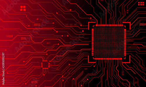 Fotografie Futuristic Red AI Microchip Processor Circuit Board Background with Digital PCB