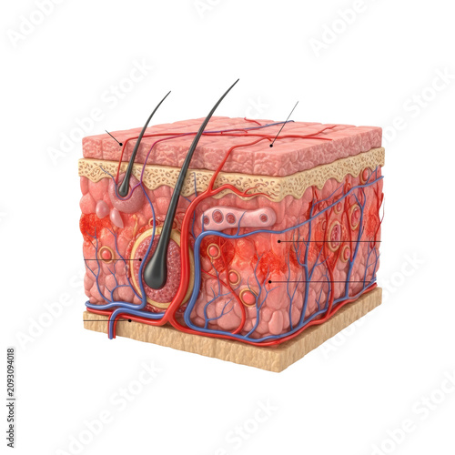 a hyper-detailed, anatomically accurate 3d cgi cross-section of human skin tissue showing severe second-degree sunburn pathology with necrosis, inflammation, and blistering on a white background.