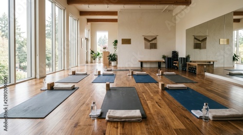 Empty yoga studio with natural light and wood floors