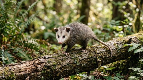 Small opossum cautiously exploring a moss-covered fallen tree trunk in forest.